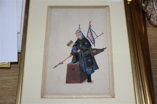 A set of four Chinese watercolours on pith paper of artisans and a similar smaller watercolour of an archer